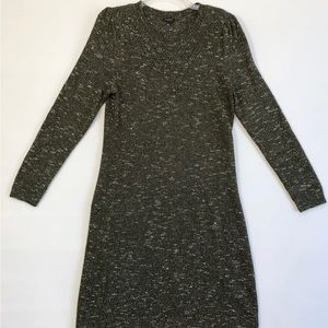 Talbots Marled Sheath Sweater Dress Midi Dk Olive Open Knit Accent Womens